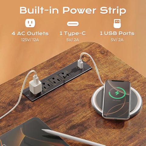 Built-in power strip with 4 AC outlets and USB-C port on rustic brown surface for Huuger 47 X 24 Inch Height Adjustable Electric Standing Desk.