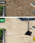 Before and after leveling ground with 48 Inch Steel Tamper With 14 Pound 10x10 Steel Head And Rubber Grip Labor Saving All Steel Heavy Duty Tool