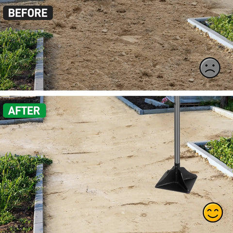 Before and after leveling ground with 48 Inch Steel Tamper With 14 Pound 10x10 Steel Head And Rubber Grip Labor Saving All Steel Heavy Duty Tool