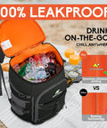 Beast Mode Backpack Cooler Keeps Drinks Ice Cold For Twenty Hours With Hella Leakproof Seals For Hiking Summer Travel Beach Outings Or Weekend Getaways In Durable Black, showing drinks and ice inside.