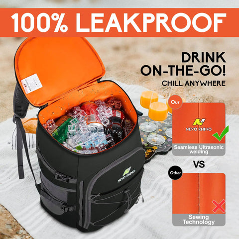 Beast Mode Backpack Cooler Keeps Drinks Ice Cold For Twenty Hours With Hella Leakproof Seals For Hiking Summer Travel Beach Outings Or Weekend Getaways In Durable Black, showing drinks and ice inside.