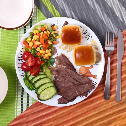 10 Inch Portion Control Plate For Balanced Eating With Melamine Dividers And A Healthy Nutrition Plate For Adults And Teens With Protein Portion Guides Low GI Carbs Vegetables And Fat Portions For Weight Loss And Type 2 Diabetes Management displaying a meal with beef, vegetables, and rolls on a colorful tablecloth