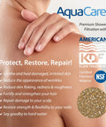 Close-up of a shoulder with text on skin benefits of AquaCare KDF filtration reducing irritation, wrinkles, and hard water effects.