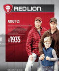 Image of three men and a boy in casual clothing, promoting Red Lion's brand values and heritage since 1935.