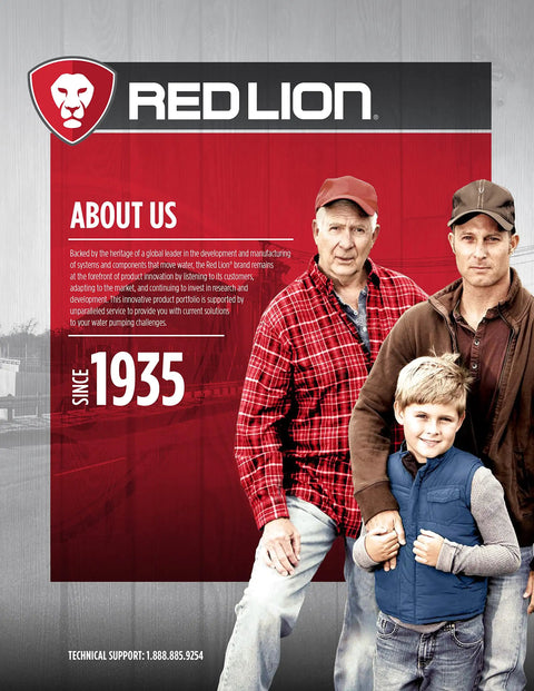 Three people in casual clothing standing in front of a Red Lion pump company banner.