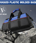16 Inch Wide Mouth Tool Bag With Waterproof Molded Base, Heavy Duty 840D Polyester, Pro Grade Tool Organizer For Home, Garage And Job Site, Durable, Water Resistant Carryall With Double Stitching. Blue and black tool bag with molded base