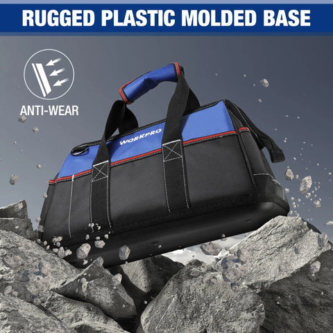 16 Inch Wide Mouth Tool Bag With Waterproof Molded Base, Heavy Duty 840D Polyester, Pro Grade Tool Organizer For Home, Garage And Job Site, Durable, Water Resistant Carryall With Double Stitching. Blue and black tool bag with molded base