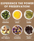 No Nonsense 8 Tray Food Dehydrator for Crankin Out Homestyle Beef Jerky Crispy Veggies and Sweet Fruit, showcasing dried veggies, fruits, herbs.