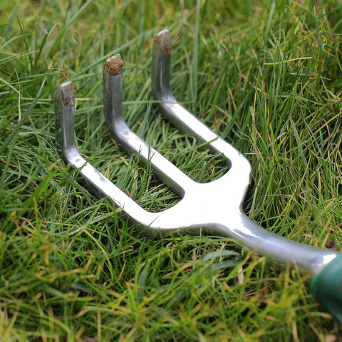 Mr. Pen mini hand rake, metal three-prong garden tool lying in grass
