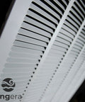 Close-up of white 30x34 heavy duty steel return air grille for sidewall or ceiling HVAC vent, smooth face design