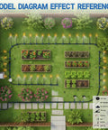 Model diagram of 360 Degree Adjustable Drip Irrigation System with large 50 ft 15/32 inch hose and copper nozzles in garden setup