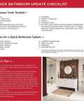 Quick bathroom update checklist with tools and items list; includes image of modern bathroom with round mirror, vanity, and rug