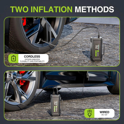 Workpro Portable Tire Inflator Air Compressor Cordless 12V DC Pump With Fast Inflation Speed For Cars Bikes Motorcycles And Sports Balls Dual Power Options Built In Digital Gauge Auto Shut Off Compact Design Essential For Roadside Emergencies And Daily