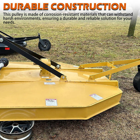 Front view of a yellow finish mower deck with black lift arms on grass.