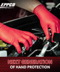 Top Shelf Red Nitrile Work Gloves 7 Mil Thick Box Of 100 Powder Free Latex Free Textured Palm Secure Grip For Mechanics And Auto Shops Commercial Grade Badass Strength Large Fit worn by technician working on vehicle engine.