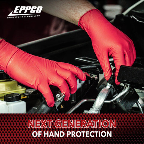 Heavy Duty 7 Mil Red Nitrile Gloves Disposable Powder Free Latex Free Textured Rock Solid Grip used for automotive maintenance.