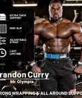 Bodybuilder with Heavy Duty Powerlifting Wrist Straps With Neoprene Comfort And Nylon Strap for Maximum Grip in gym setting.
