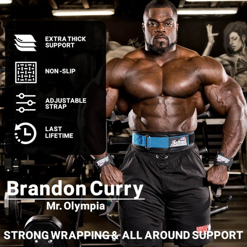 Bodybuilder with Heavy Duty Powerlifting Wrist Straps With Neoprene Comfort And Nylon Strap for Maximum Grip in gym setting.