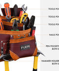 Close-up of Maroon Leather Tool Pouch With Triple Hammer Holders And 10 Pockets For Construction Pros holding various tools.