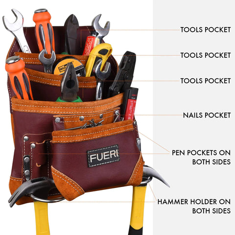 Close-up of Maroon Leather Tool Pouch With Triple Hammer Holders And 10 Pockets For Construction Pros holding various tools.