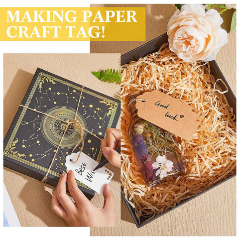 Gift box with decorated tags made using the 3 In 1 Craft Tag Punch Kit, featuring round punches and rope for paper crafting and scrapbooking.