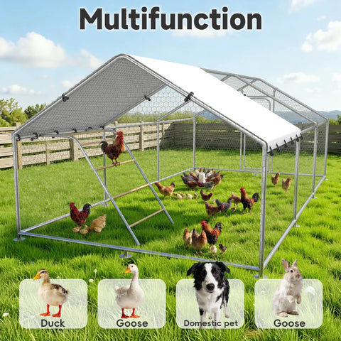 Heavy Duty Outdoor Metal Chicken Coop With Run And Waterproof UV Cover For Yard Walk In Poultry Cage With Roosting Perch