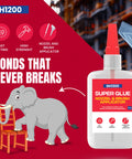 Bottle of 2 In 1 Brush On Super Glue With Nozzle, Mess Free, Never Dries Out, 3000 CPS CA Glue next to elephant and chair