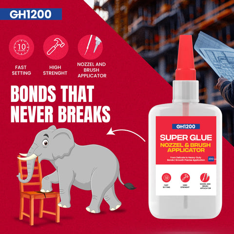 Bottle of 2 In 1 Brush On Super Glue With Nozzle, Mess Free, Never Dries Out, 3000 CPS CA Glue next to elephant and chair
