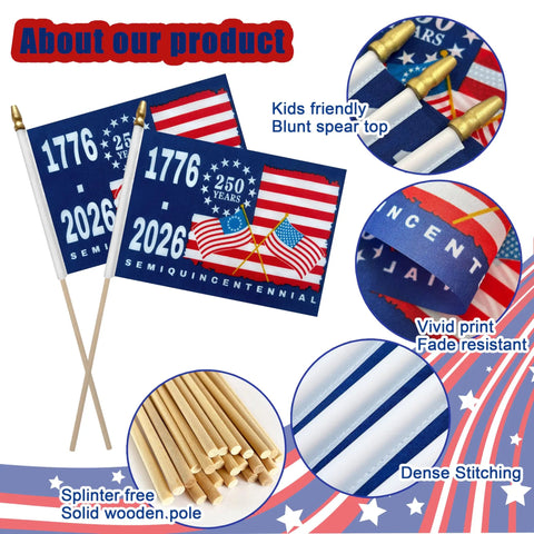 Image of 12 Pack 5.5 x 8.2 Inch 250th Anniversary American Flags On Sticks Set For 1776 2026, showing flag details and wooden poles.