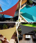 Various colored Sun Shade Sail 12 Ft By 12 Ft By 12 Ft Triangle Sand Canopy UV Block Sunshade For Patio Garden Yard Deck Pergola Lawn Backyard With Breathable HDPE Fabric That Blocks Ninety Five Percent UV And Helps Airflow And Heat Reduction Patio Vibe installed in different outdoor settings.