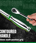 One Quarter Inch Drive Ratchet Handle With Pear Head for Tight Spots showcased with contoured chrome handle and ergonomic grip