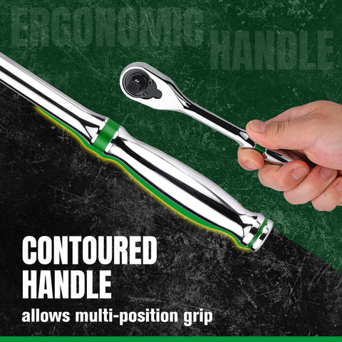 One Quarter Inch Drive Ratchet Handle With Pear Head for Tight Spots showcased with contoured chrome handle and ergonomic grip