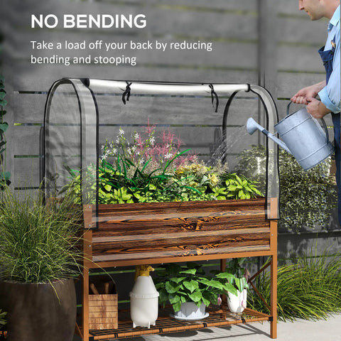 Raised Garden Bed With Cover And Shelf, Rectangular Metal Elevated Planter Box On Sturdy Legs, Bed Liner For Vegetables, Flowers And Herbs, Roll Up Greenhouse, Backyard Ready, Dark Brown