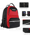 Heavy Duty Tool Backpack With 41 Pockets And Padded Laptop Sleeve For Contractors And Pros On The Go Ultra Organized Electricians Plumbers HVAC Techs Built Tough With Comfort Straps And Reflective Belt For Safe Jobsite Transport; red and black design with multiple pocket features and reflective strip.