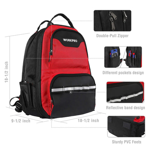Heavy Duty Tool Backpack With 41 Pockets And Padded Laptop Sleeve For Contractors And Pros On The Go Ultra Organized Electricians Plumbers HVAC Techs Built Tough With Comfort Straps And Reflective Belt For Safe Jobsite Transport; red and black design with multiple pocket features and reflective strip.