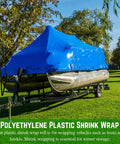 Polyethylene Shrink Wrap Roll 7 Mil Thick 14 Foot By 125 Foot Blue Marine Grade Film For Pro Shop Boat And Jetski Winter Storage With Heat Gun Top Shelf Industrial Strength Cover on boat trailer.
