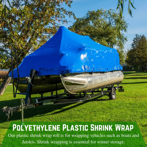 Polyethylene Shrink Wrap Roll 7 Mil Thick 14 Foot By 125 Foot Blue Marine Grade Film For Pro Shop Boat And Jetski Winter Storage With Heat Gun Top Shelf Industrial Strength Cover on boat trailer.