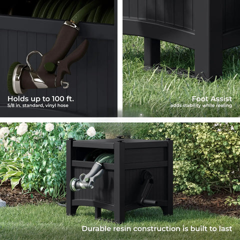 Hideaway Hose Reel With 100 Ft Capacity, Durable Resin Garden Hose Organizer That Holds 5/8 Inch Vinyl Hose, No Assembly Required