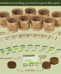 9 Herb Indoor Window Garden Kit With Seed Starter For Fresh Homegrown Herbs, showing 9 burlap pots, 9 plant markers, 9 seed packets, 3 soil disks, and a growing guide.