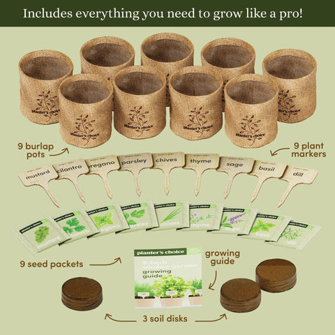 9 Herb Indoor Window Garden Kit With Seed Starter For Fresh Homegrown Herbs, showing 9 burlap pots, 9 plant markers, 9 seed packets, 3 soil disks, and a growing guide.