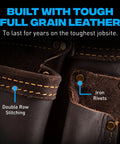 Close-up of leather construction tool belt with double stitching and steel rivets, oil-tanned leather, built for tough jobs.