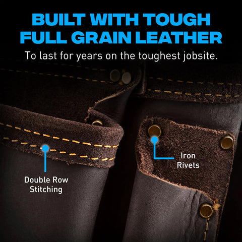 Close-up of leather construction tool belt with double stitching and steel rivets, oil-tanned leather, built for tough jobs.