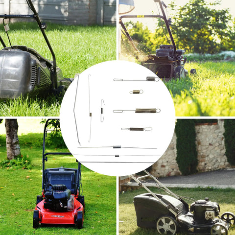 Lawn Mower Throttle Return Spring Kit And Governor Rod Assortment For Honda GCV160 Engines shown with mowers in lush lawn settings
