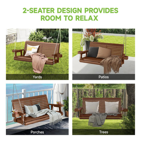 Two Seater Front Porch Swing With Cupholders Wooden Outdoor Swing Bench For Patio And Backyard 22 Inch Deep Seat in four settings