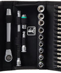 Compact 28 Piece Zyklop Metric Ratchet Set With One Quarter Inch Drive Switch Lever Ultra Slim Metal Ratchets organized in case