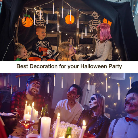 Spooky LED Floating Candles With Wand Remote 12 Pack hanging in Halloween party setting with decorations.