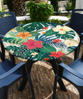 Round Fitted Tablecloth Soft Polyester With Elastic Edge Tropical Palm Leaves Outdoor Table Cover Waterproof Easy Care