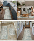 Set Of Two Anti Fatigue Waterproof Kitchen Mats Blue Cream Abstract Cushioned Grippy Non Slip Comfort Standing Mats For Sink Laundry And Office Use With Durable Non Slip Backing And Easy Clean Finish in kitchen, laundry, washbasin, and entryway settings with pets.