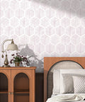 Fresh Dope Geometric Peel And Stick Wallpaper Roll With Killer Matte Stripe Design waterproof vinyl in a serene bedroom setting.