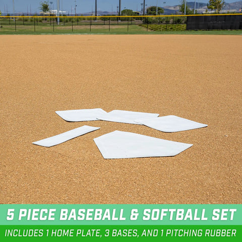 Baseball And Softball 5 Piece Base Set With Home Plate, Three Bases, And Pitching Rubber on a field